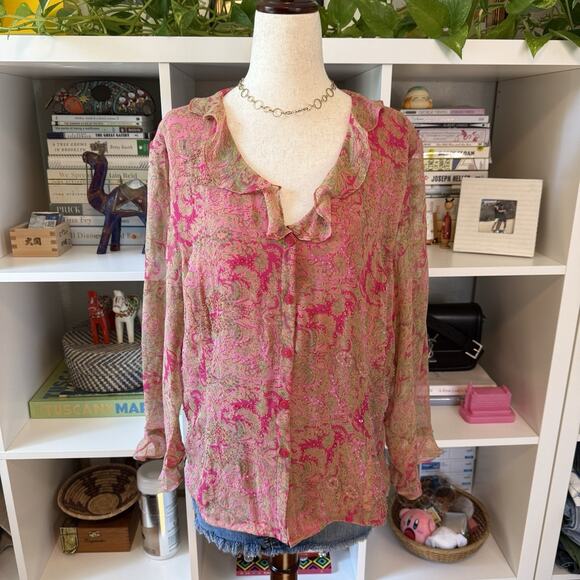 Vintage Y2K ICE Silk Paisley Beaded Ruffle Fairy Button Front Blouse Pink Wms XL - Picture 2 of 13